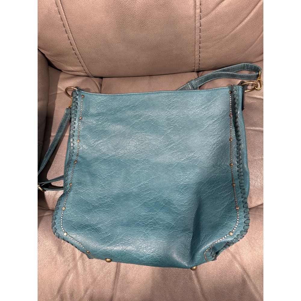 Ampere Creations Teal Vegan Leather Whipstitch Studded Hobo‎ Shoulder Bag Large